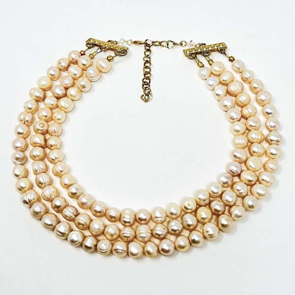 Hand Crafted Jewelry - Triple strand 10mm natural pink freshwater baroque pearl necklace adjustable